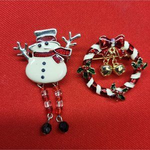Christmas Pins/ Brooch Set of 2 Christmas Snowman & Candy Cane Wreath Pins
